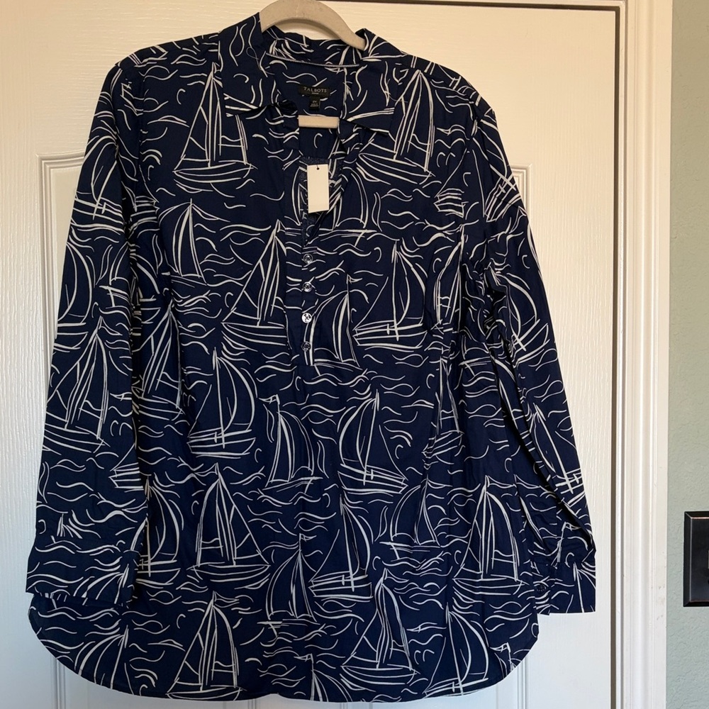 Talbots Blue and White nautical sailboat Patterned Blouse tunic NEW nwt sz 2x